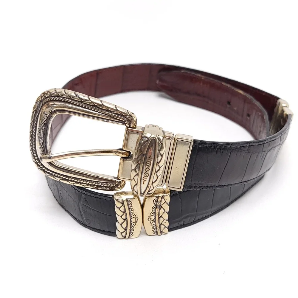 Brighton Reversible Belt Black Brown Croc Embossed Silver Ornate Buckle 30 40500